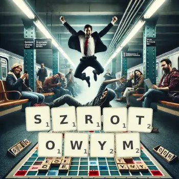 Kreatywna ilustracja do gry w Scrabble ze słowem SZROTOWYM ułożonym z płytek na planszy.