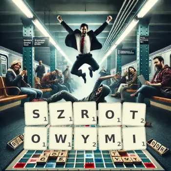 Kreatywna ilustracja do gry w Scrabble ze słowem SZROTOWYMI ułożonym z płytek na planszy.
