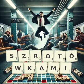Kreatywna ilustracja do gry w Scrabble ze słowem SZROTÓWKAMI ułożonym z płytek na planszy.