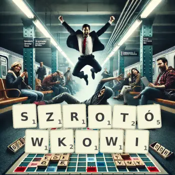 Kreatywna ilustracja do gry w Scrabble ze słowem SZROTÓWKOWI ułożonym z płytek na planszy.