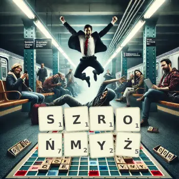 Kreatywna ilustracja do gry w Scrabble ze słowem SZROŃMYŻ ułożonym z płytek na planszy.