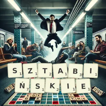 Kreatywna ilustracja do gry w Scrabble ze słowem SZTABIŃSKIE ułożonym z płytek na planszy.