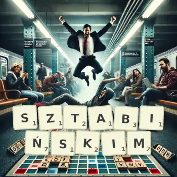 Kreatywna ilustracja do gry w Scrabble ze słowem SZTABIŃSKIM ułożonym z płytek na planszy.