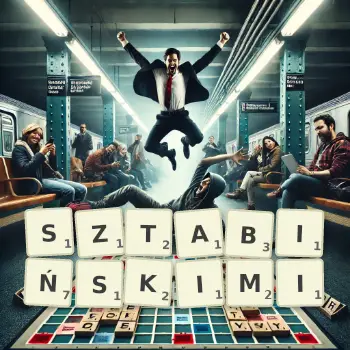 Kreatywna ilustracja do gry w Scrabble ze słowem SZTABIŃSKIMI ułożonym z płytek na planszy.