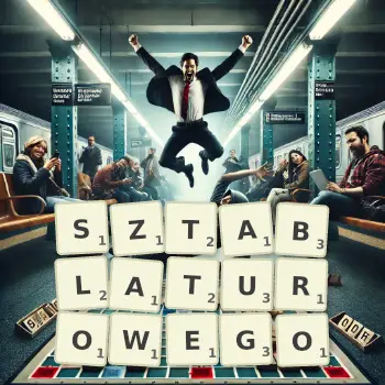 Kreatywna ilustracja do gry w Scrabble ze słowem SZTABLATUROWEGO ułożonym z płytek na planszy.