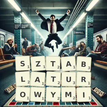 Kreatywna ilustracja do gry w Scrabble ze słowem SZTABLATUROWYMI ułożonym z płytek na planszy.
