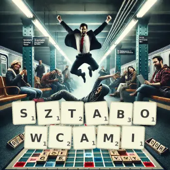 Kreatywna ilustracja do gry w Scrabble ze słowem SZTABOWCAMI ułożonym z płytek na planszy.