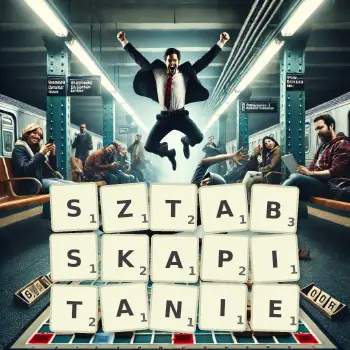 Kreatywna ilustracja do gry w Scrabble ze słowem SZTABSKAPITANIE ułożonym z płytek na planszy.