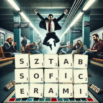 Kreatywna ilustracja do gry w Scrabble ze słowem SZTABSOFICERAMI ułożonym z płytek na planszy.