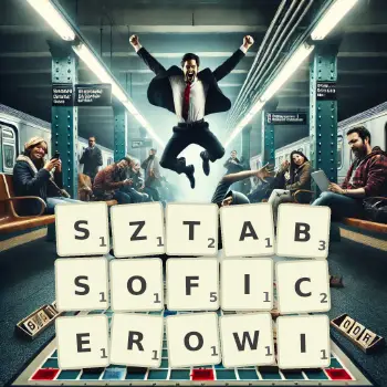 Kreatywna ilustracja do gry w Scrabble ze słowem SZTABSOFICEROWI ułożonym z płytek na planszy.