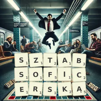 Kreatywna ilustracja do gry w Scrabble ze słowem SZTABSOFICERSKĄ ułożonym z płytek na planszy.
