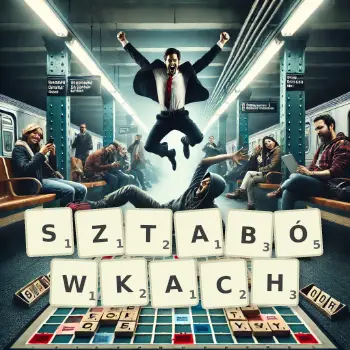 Kreatywna ilustracja do gry w Scrabble ze słowem SZTABÓWKACH ułożonym z płytek na planszy.