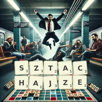 Kreatywna ilustracja do gry w Scrabble ze słowem SZTACHAJZE ułożonym z płytek na planszy.