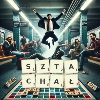 Kreatywna ilustracja do gry w Scrabble ze słowem SZTACHAŁ ułożonym z płytek na planszy.