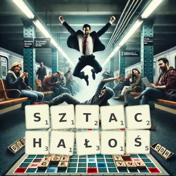 Kreatywna ilustracja do gry w Scrabble ze słowem SZTACHAŁOŚ ułożonym z płytek na planszy.