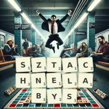 Kreatywna ilustracja do gry w Scrabble ze słowem SZTACHNELABYS ułożonym z płytek na planszy.