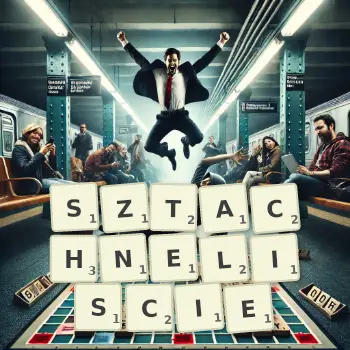 Kreatywna ilustracja do gry w Scrabble ze słowem SZTACHNELISCIE ułożonym z płytek na planszy.