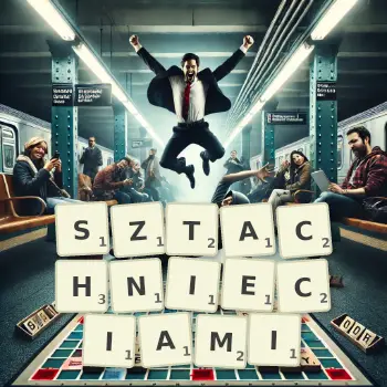 Kreatywna ilustracja do gry w Scrabble ze słowem SZTACHNIECIAMI ułożonym z płytek na planszy.