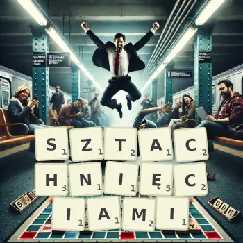 Kreatywna ilustracja do gry w Scrabble ze słowem SZTACHNIĘCIAMI ułożonym z płytek na planszy.