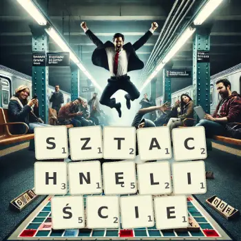 Kreatywna ilustracja do gry w Scrabble ze słowem SZTACHNĘLIŚCIE ułożonym z płytek na planszy.