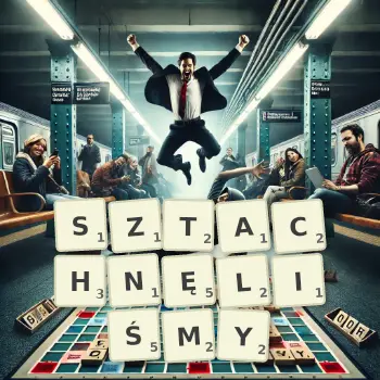 Kreatywna ilustracja do gry w Scrabble ze słowem SZTACHNĘLIŚMY ułożonym z płytek na planszy.