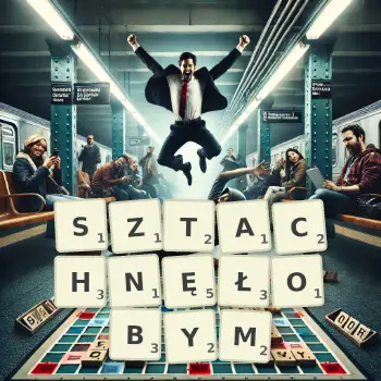 Kreatywna ilustracja do gry w Scrabble ze słowem SZTACHNĘŁOBYM ułożonym z płytek na planszy.