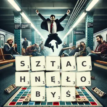 Kreatywna ilustracja do gry w Scrabble ze słowem SZTACHNĘŁOBYŚ ułożonym z płytek na planszy.