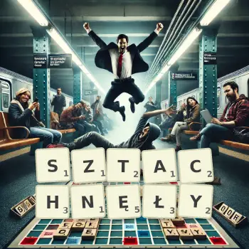 Kreatywna ilustracja do gry w Scrabble ze słowem SZTACHNĘŁY ułożonym z płytek na planszy.