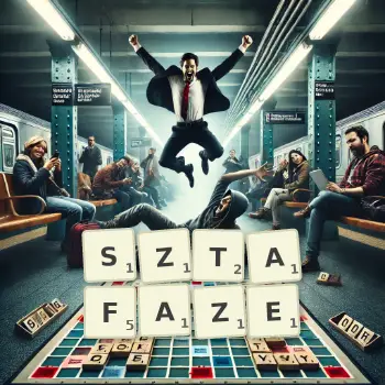 Kreatywna ilustracja do gry w Scrabble ze słowem SZTAFAZE ułożonym z płytek na planszy.