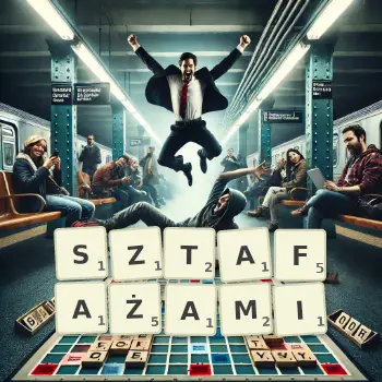 Kreatywna ilustracja do gry w Scrabble ze słowem SZTAFAŻAMI ułożonym z płytek na planszy.