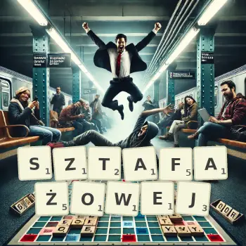 Kreatywna ilustracja do gry w Scrabble ze słowem SZTAFAŻOWEJ ułożonym z płytek na planszy.