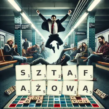 Kreatywna ilustracja do gry w Scrabble ze słowem SZTAFAŻOWĄ ułożonym z płytek na planszy.