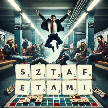 Kreatywna ilustracja do gry w Scrabble ze słowem SZTAFETAMI ułożonym z płytek na planszy.
