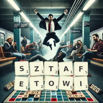 Kreatywna ilustracja do gry w Scrabble ze słowem SZTAFETOWI ułożonym z płytek na planszy.