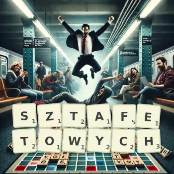 Kreatywna ilustracja do gry w Scrabble ze słowem SZTAFETOWYCH ułożonym z płytek na planszy.