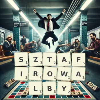 Kreatywna ilustracja do gry w Scrabble ze słowem SZTAFIROWALBY ułożonym z płytek na planszy.