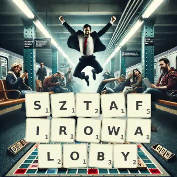 Kreatywna ilustracja do gry w Scrabble ze słowem SZTAFIROWALOBY ułożonym z płytek na planszy.