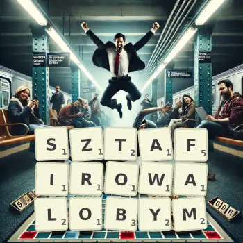 Kreatywna ilustracja do gry w Scrabble ze słowem SZTAFIROWALOBYM ułożonym z płytek na planszy.