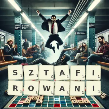 Kreatywna ilustracja do gry w Scrabble ze słowem SZTAFIROWANI ułożonym z płytek na planszy.