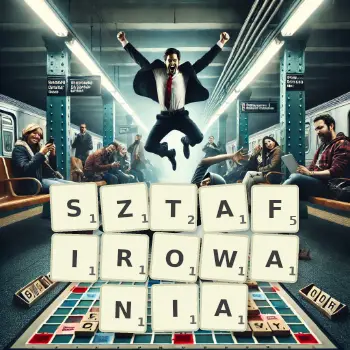 Kreatywna ilustracja do gry w Scrabble ze słowem SZTAFIROWANIA ułożonym z płytek na planszy.