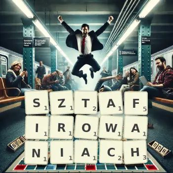 Kreatywna ilustracja do gry w Scrabble ze słowem SZTAFIROWANIACH ułożonym z płytek na planszy.