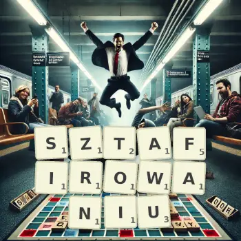 Kreatywna ilustracja do gry w Scrabble ze słowem SZTAFIROWANIU ułożonym z płytek na planszy.
