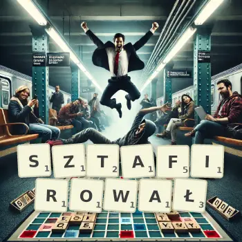Kreatywna ilustracja do gry w Scrabble ze słowem SZTAFIROWAŁ ułożonym z płytek na planszy.
