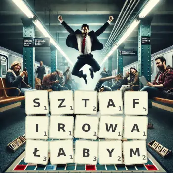 Kreatywna ilustracja do gry w Scrabble ze słowem SZTAFIROWAŁABYM ułożonym z płytek na planszy.