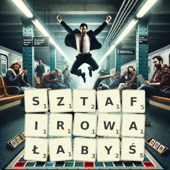 Kreatywna ilustracja do gry w Scrabble ze słowem SZTAFIROWAŁABYŚ ułożonym z płytek na planszy.