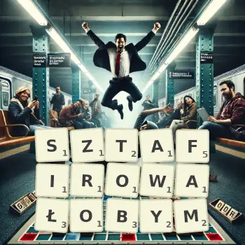 Kreatywna ilustracja do gry w Scrabble ze słowem SZTAFIROWAŁOBYM ułożonym z płytek na planszy.