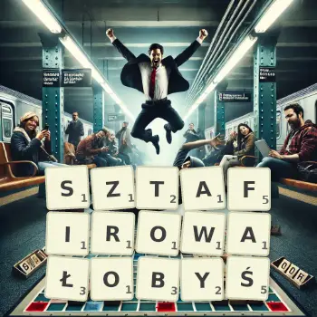 Kreatywna ilustracja do gry w Scrabble ze słowem SZTAFIROWAŁOBYŚ ułożonym z płytek na planszy.