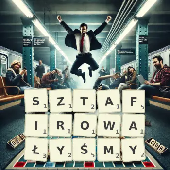 Kreatywna ilustracja do gry w Scrabble ze słowem SZTAFIROWAŁYŚMY ułożonym z płytek na planszy.