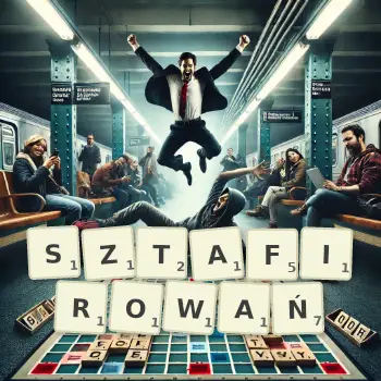 Kreatywna ilustracja do gry w Scrabble ze słowem SZTAFIROWAŃ ułożonym z płytek na planszy.