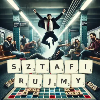 Kreatywna ilustracja do gry w Scrabble ze słowem SZTAFIRUJMY ułożonym z płytek na planszy.